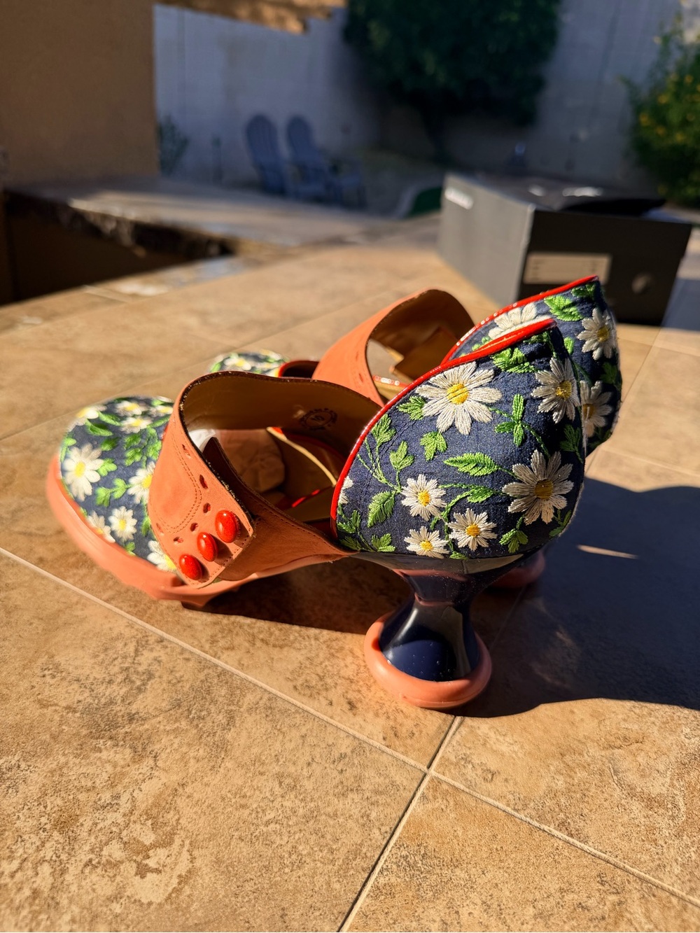 John Fluevog Navy Floral Daisy Mary Janes with Coral Strap - Picture 2 of 6